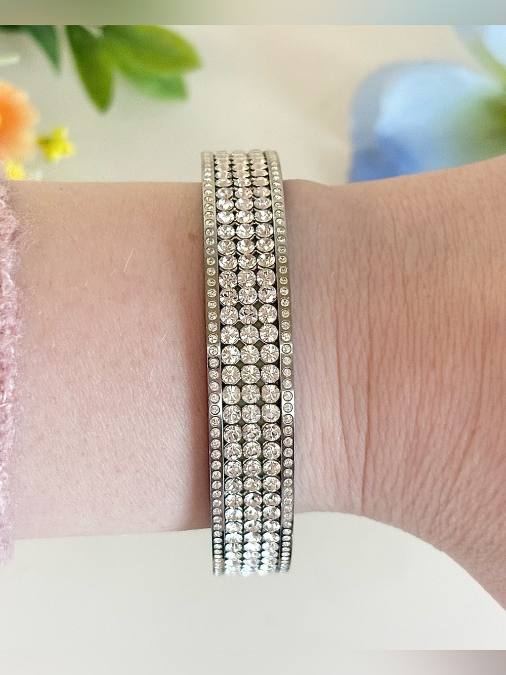 Swarovski New York Crystal Pave Rhodium Plate Glam Bangle Bracelet-Bling Jewelry